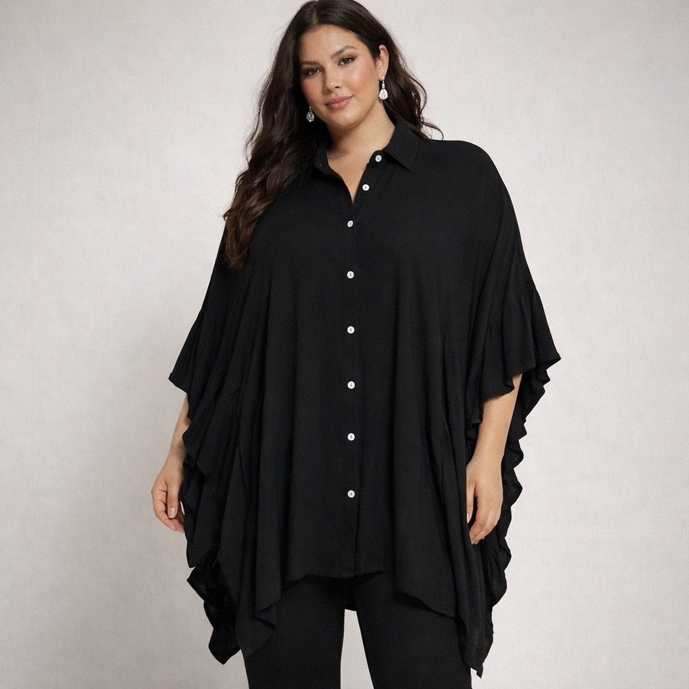 Free People Black Sheer Button Front Flowing Boho‎ Top Poncho |